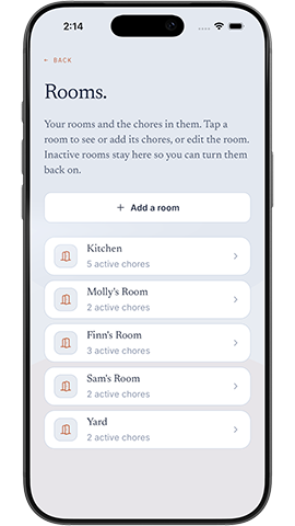 Xtra Hands Family Chore App: Showing unlimited rooms and chores