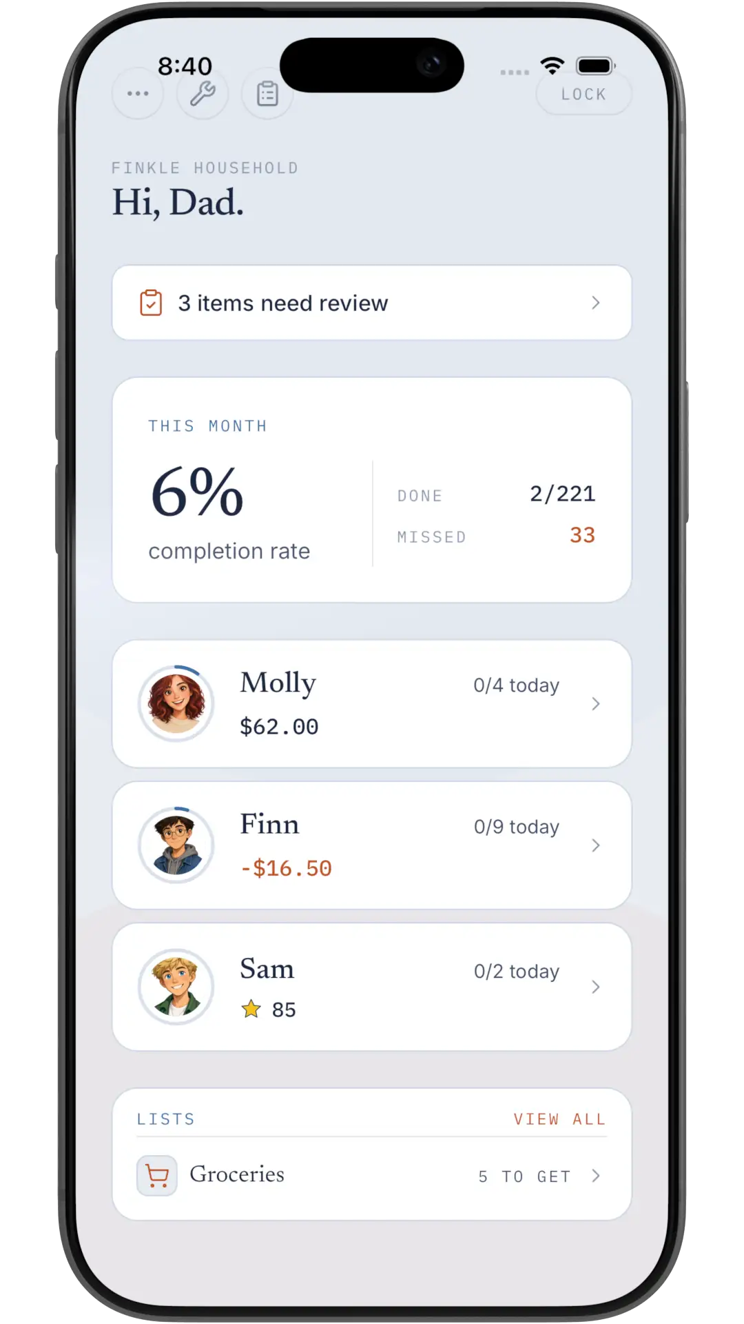 Xtra Hands parent overview showing a shared Groceries list with five items to get