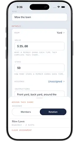 Xtra Hands chore Assignee picker with a rotation selected