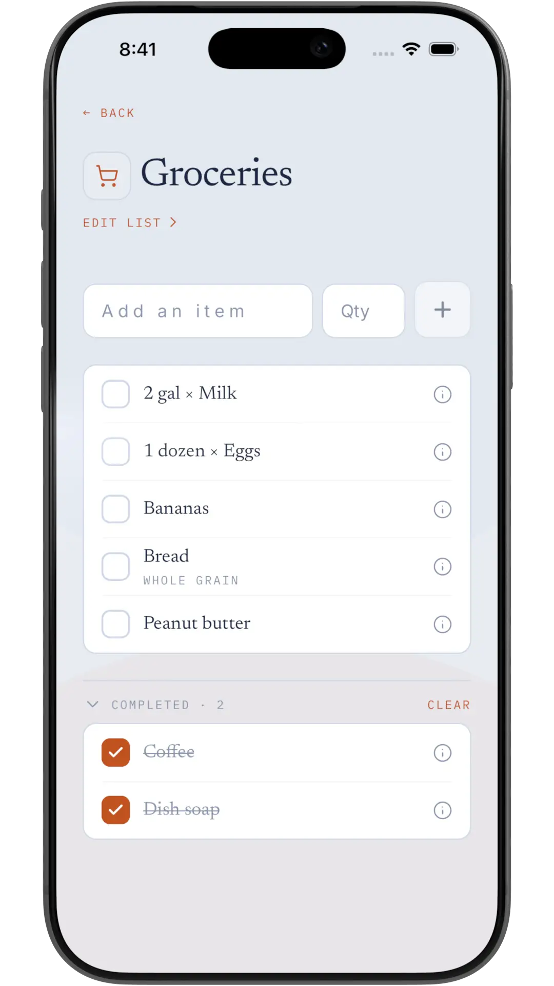 Shared Groceries list in Xtra Hands with quantities, active items, and a completed section